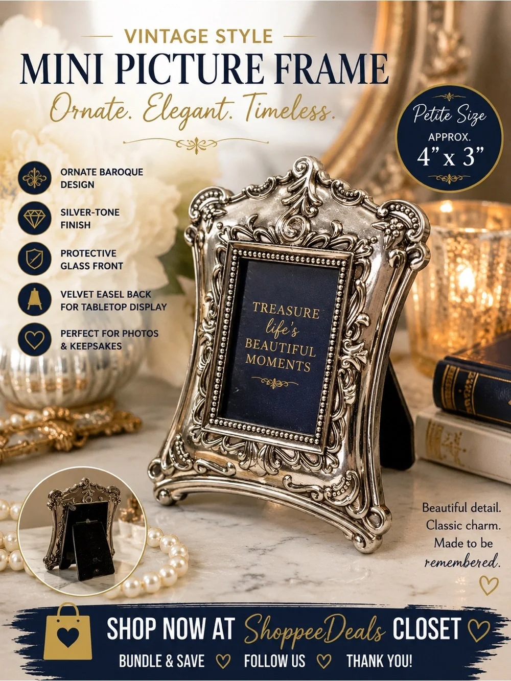 Vintage Style Ornate Silver Tone Mini Picture Frame – Baroque Rococo Glass Front